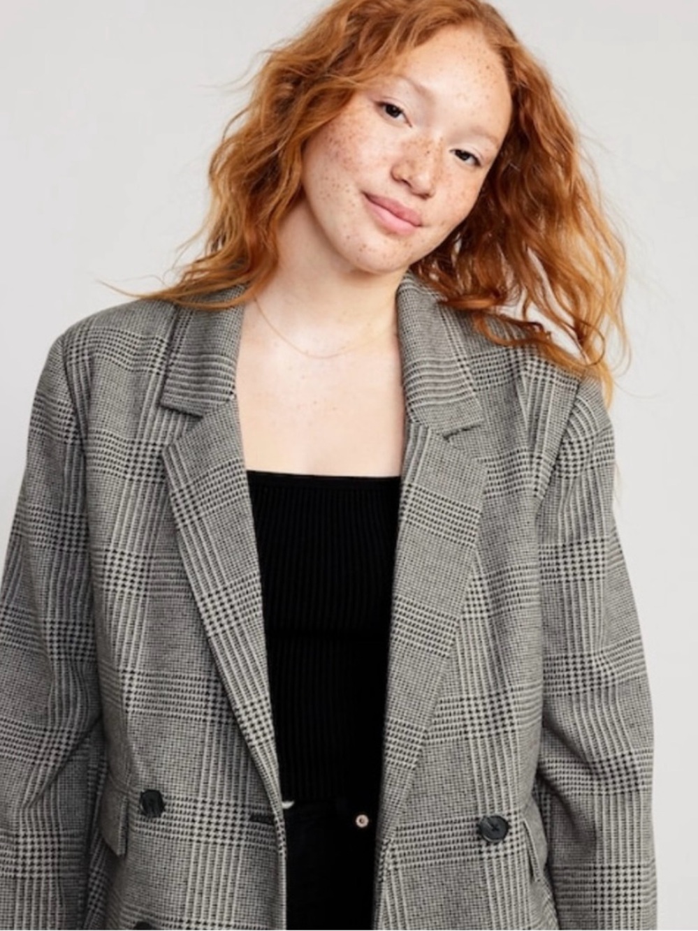 Old Navy Women Grey Oversized Plaid Double-Breasted Blazer with Buttons Size XL